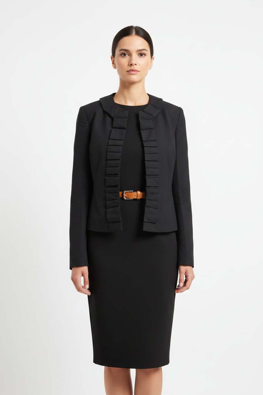 Kasper 2-Piece Pinstripe Dress & Ruffle Jacket Suit Set - Black / Grey, Size 6